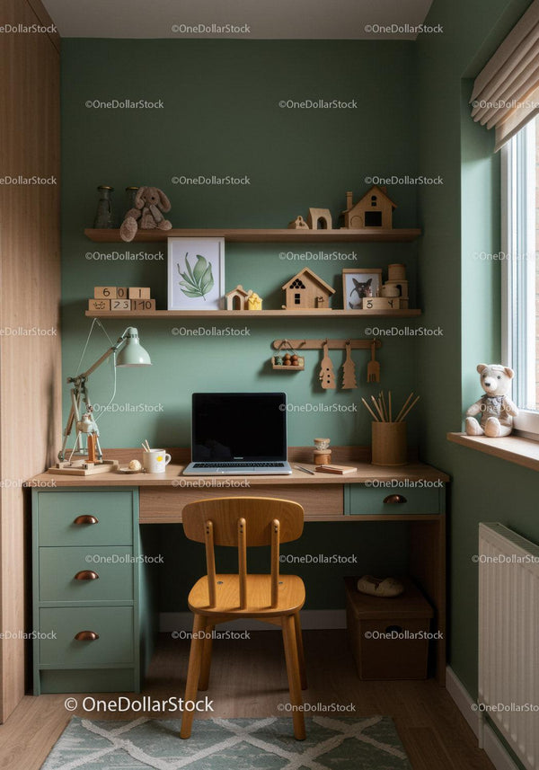 Modern Green Home Office with Wooden Desk and Cozy Decor