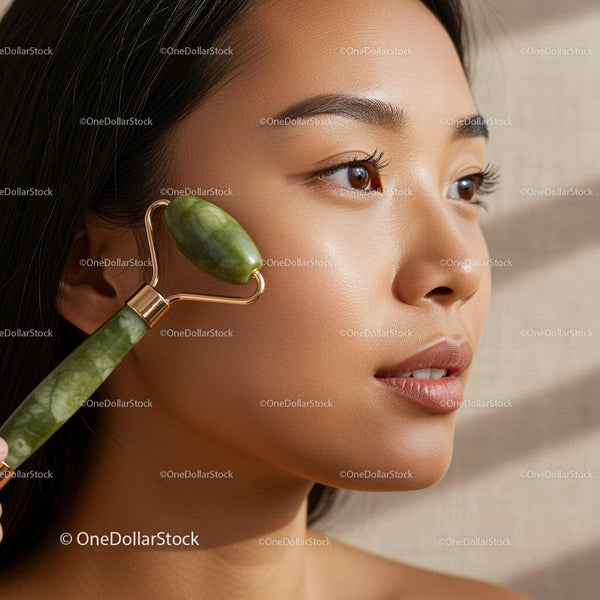 Close-up of a woman using jade roller for facial skincare therapy