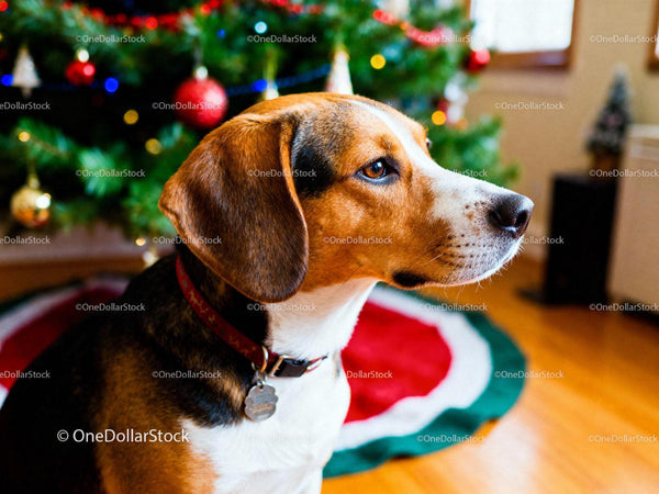 Beagle siedzący przy choince z świąteczną dekoracją
