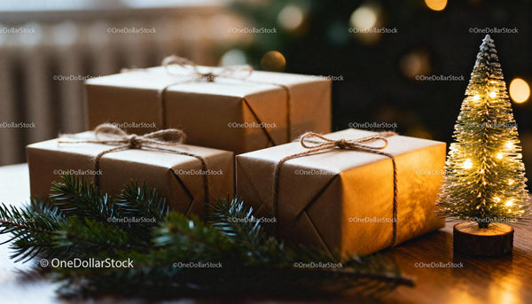 Wrapped Christmas Gifts with Miniature Lighted Tree