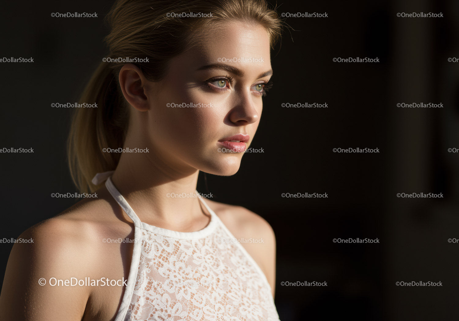 Elegancki portret plenerowy młodej kobiety w koronkowej sukience w świetle słonecznym