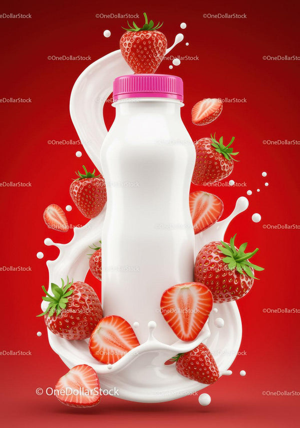 Fresh Strawberry Yogurt Bottle with Splashing Milk JPG Mockup Image