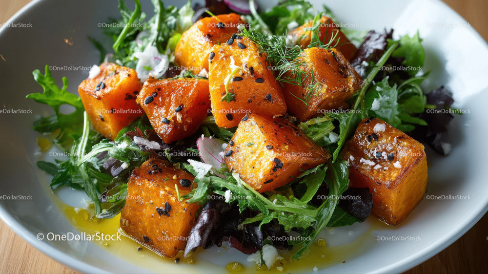 Roasted Sweet Potato and Mixed Greens Salad in a White Bowl