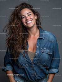 Smiling Woman in Denim Shirt with Bright Mood