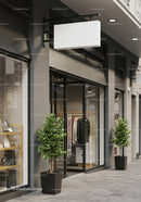 Modern storefront with blank hanging sign and greenery