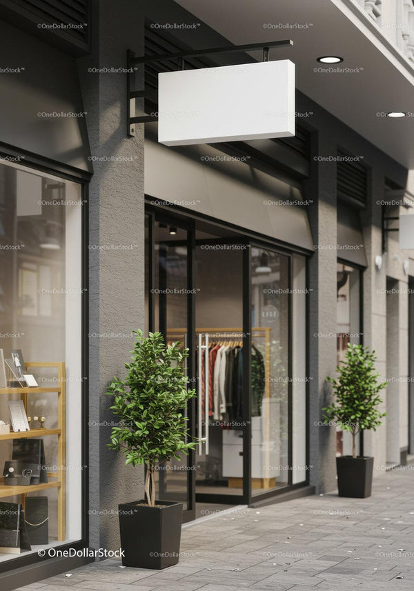 Modern storefront with blank hanging sign and greenery JPG Mockup Image