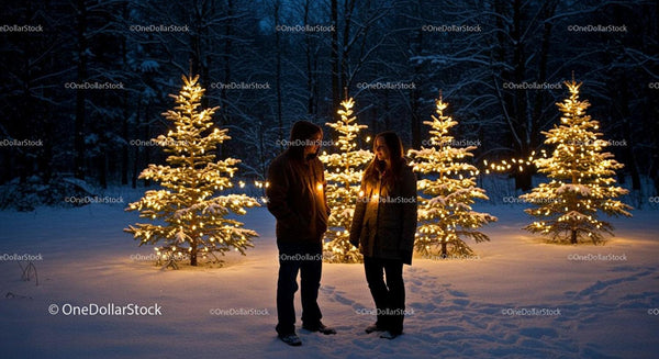 Couple enjoying festive lights among snowy Christmas trees