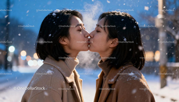 Couple Sharing a Kiss Outdoors in Gentle Snowfall