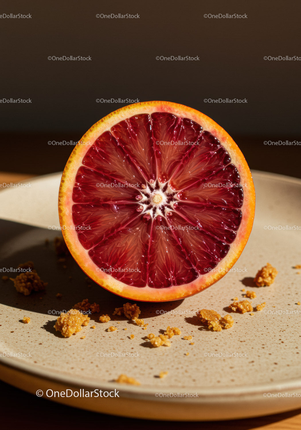 Close up of ripe blood orange half on a ceramic plate
