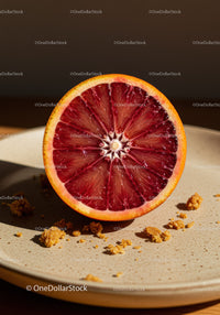 Close up of ripe blood orange half on a ceramic plate