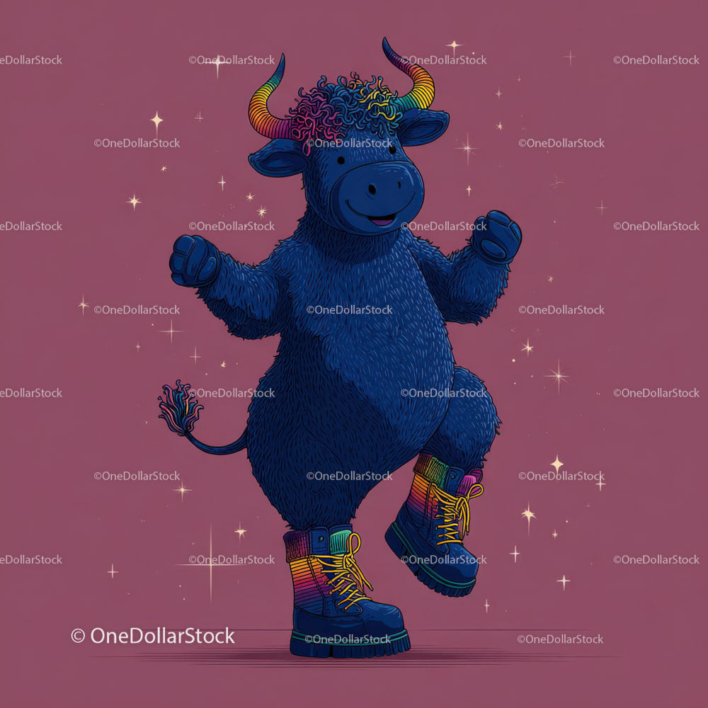 Colorful Cartoon Bull Wearing Rainbow Boots in Playful Scene