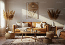 Cozy living room with leather sofa and natural decor