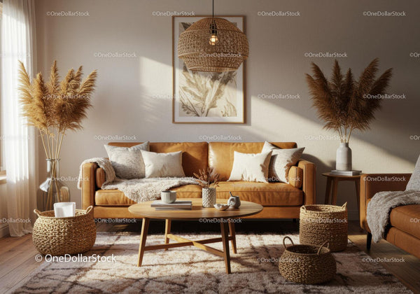 Cozy living room with leather sofa and natural decor