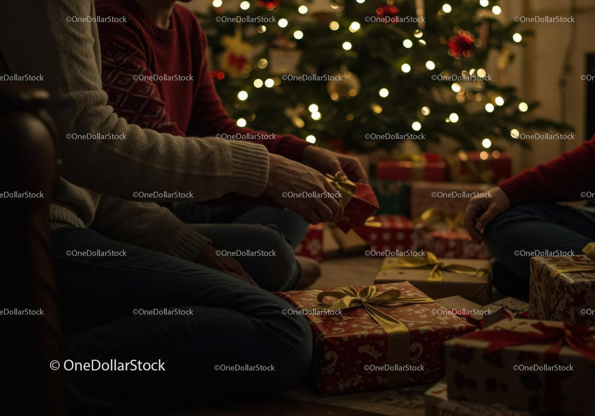 Family wrapped gifts by Christmas tree glowing lights
