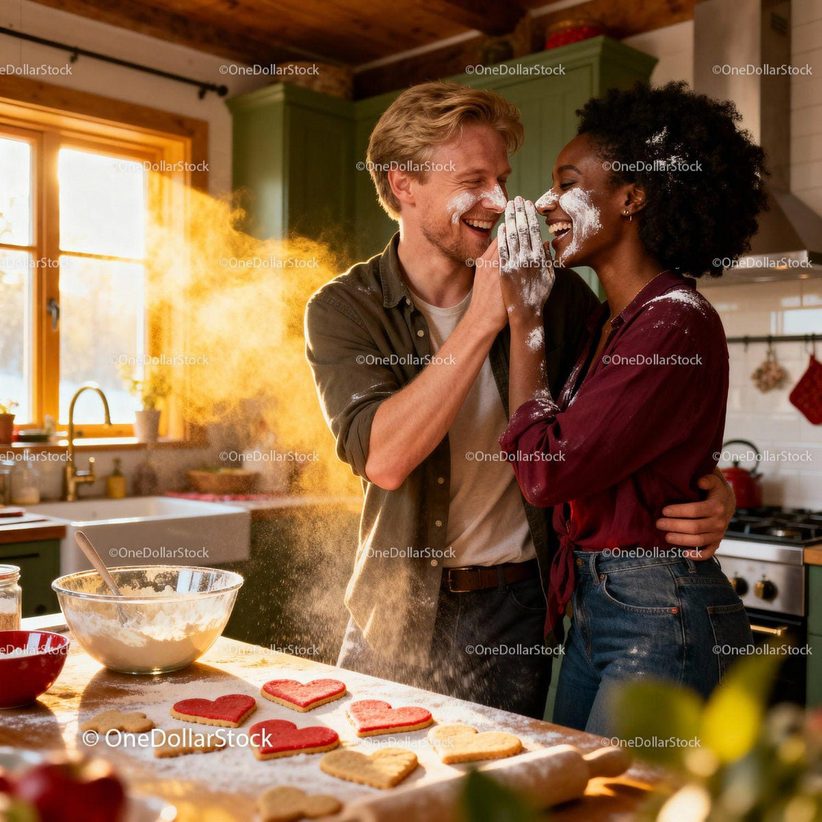 Couple Playfully Baking Heart-Shaped Cookies Together