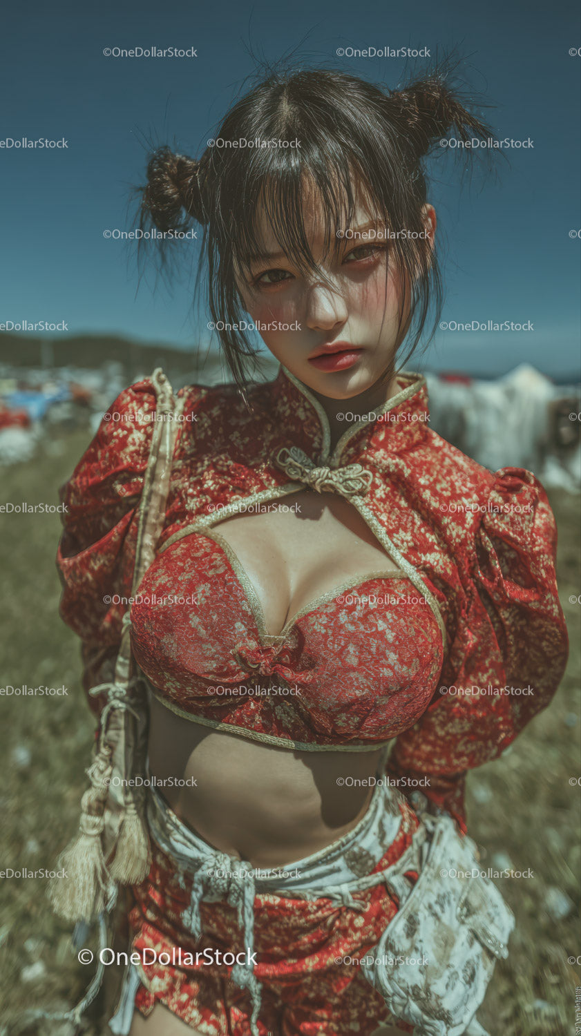 Youthful Woman in Red Floral Top with Edgy Style Outdoors