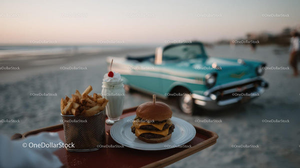 Beachside Cheeseburger French Fries and Milkshake with Classic Car Stock Photo Bundle (64 JPG Files)