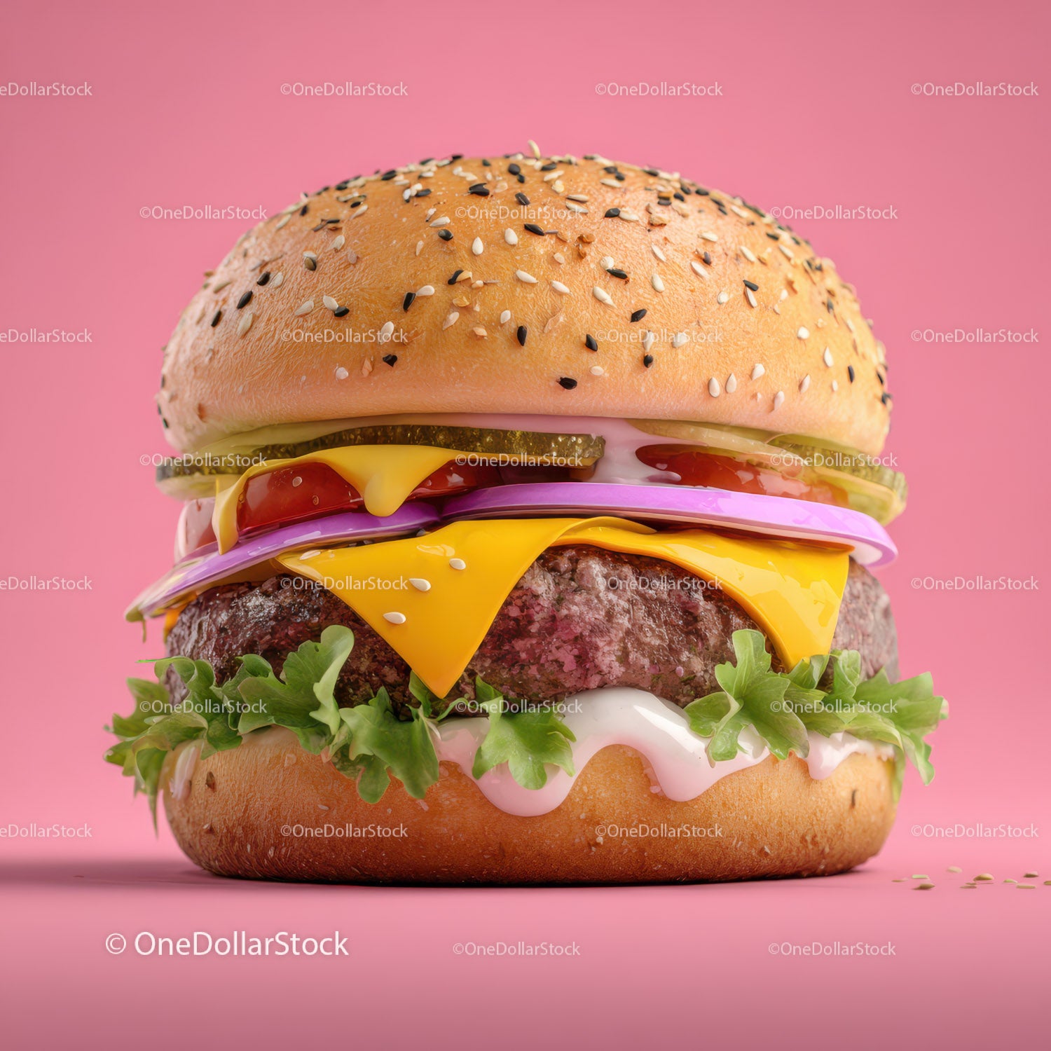 Juicy Cheeseburger with Melty Cheese and Fresh Vegetables on Pink Background