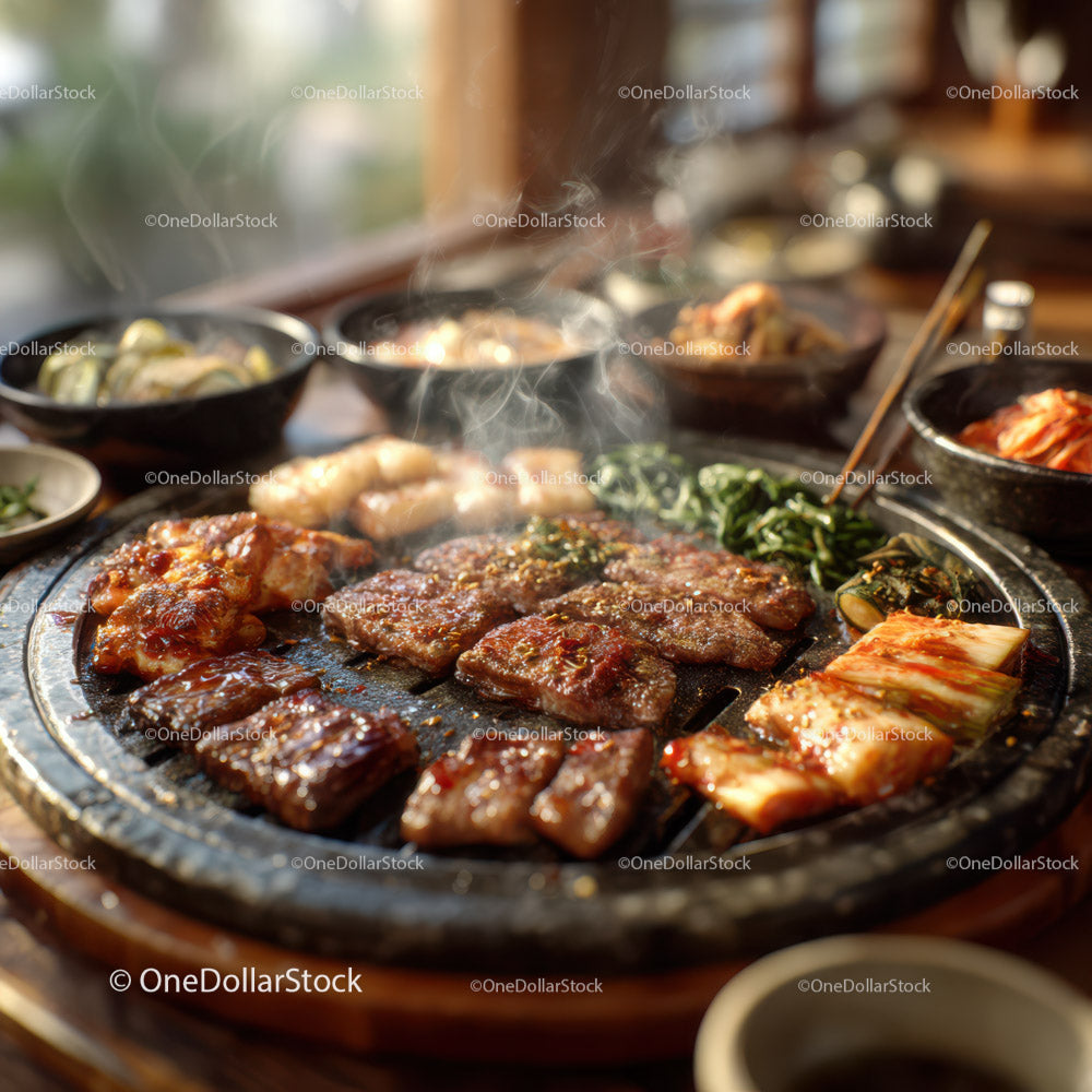 Sizzling Korean Barbecue with Grilled Meats and Vegetables