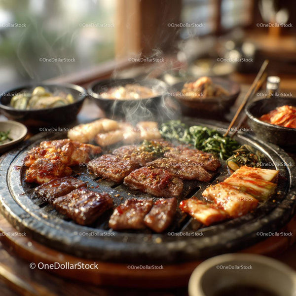 Pikantne koreańskie barbecue z grillowanym mięsem i warzywami
