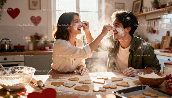 Couple Playfully Baking Heart Cookies Together in Kitchen