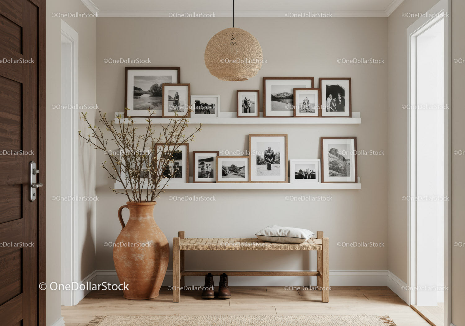 Cozy entryway with family photos and rustic decor