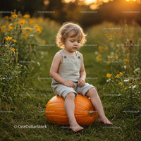 Toddler Sitting Thoughtfully on Large Pumpkin Outdoors