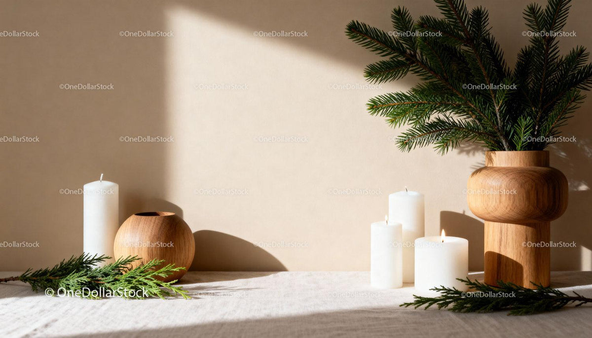 Minimalist winter decor with candles and pine branches