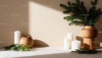 Minimalist winter decor with candles and pine branches