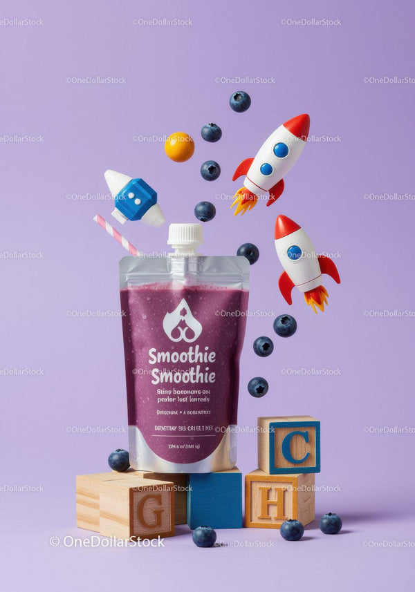 Saszetka z jagodowym smoothie z zabawnymi rakietami i klockami