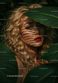 Glamorous Woman with Curly Blonde Hair Among Tropical Leaves