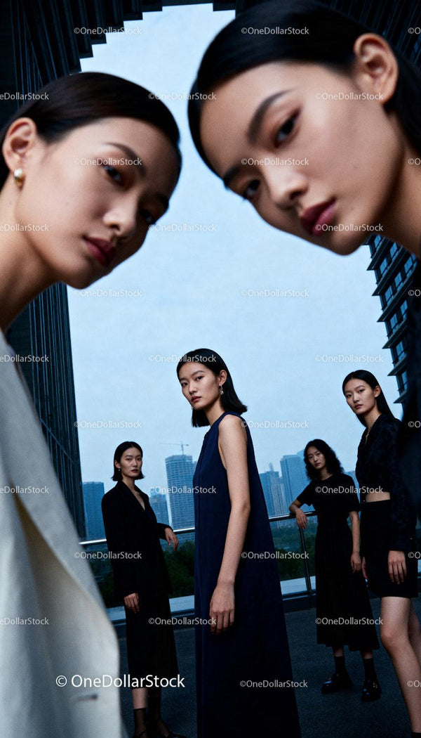 Group of Stylish Women in Urban Evening Light