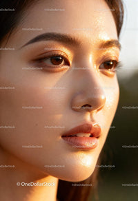 Close-up portrait of woman with glowing natural skin