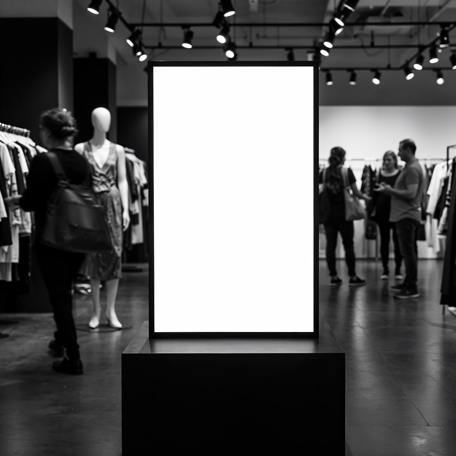 Blank Signboard in Modern Fashion Store Interior