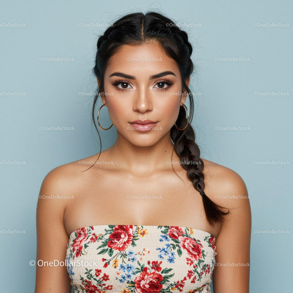 Portrait of a Young Woman with Braid Hairstyle Wearing Floral Top