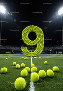 Number Nine Created With Tennis Balls On Court At Night