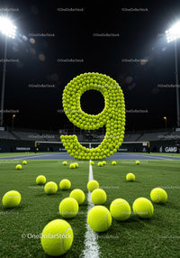 Number Nine Created With Tennis Balls On Court At Night
