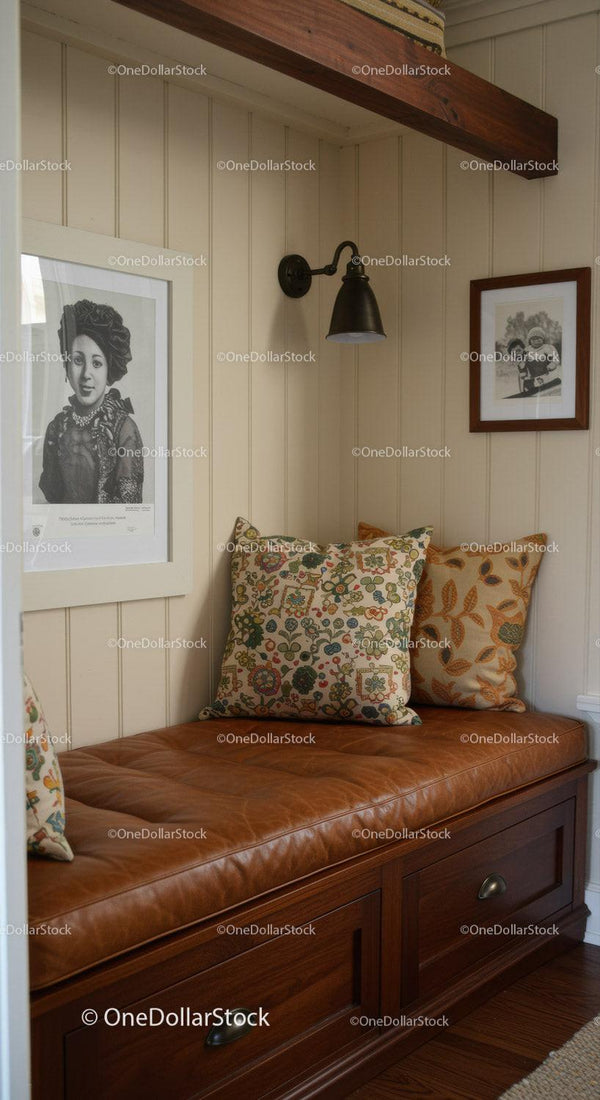 Vintage Home Interior with Leather Bench and Decorative Pillows
