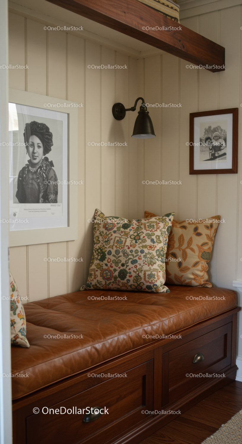 Vintage Home Interior with Leather Bench and Decorative Pillows