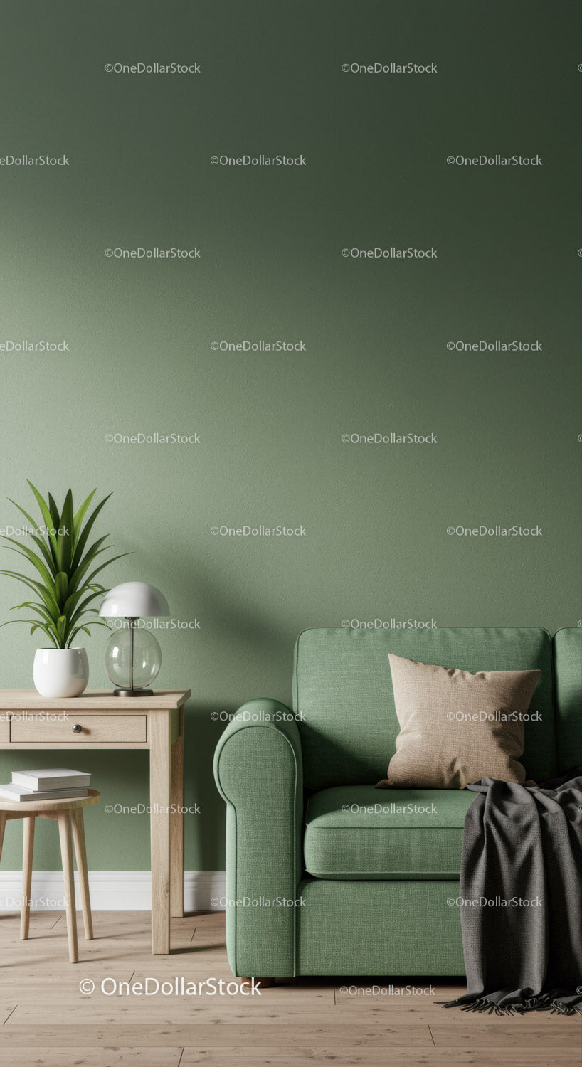 Zielona sofa do salonu z poduszką i rośliną doniczkową w nowoczesnym wnętrzu