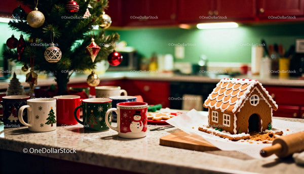 Festive kitchen scene with gingerbread house and Christmas mugs