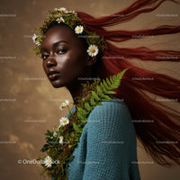 Elegant Portrait of a Woman with Flowing Red Hair and Botanical Accessories