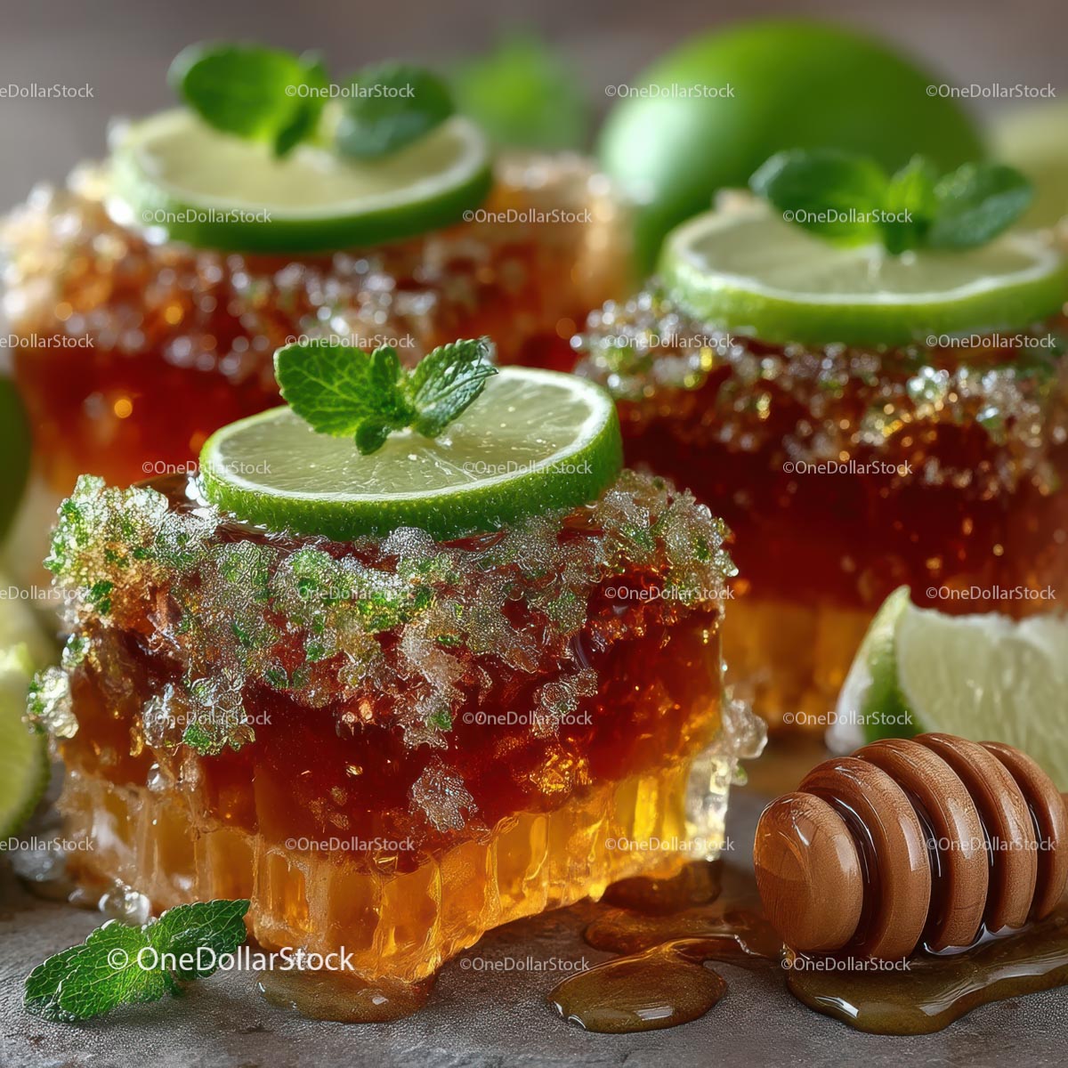 Delicious Honeycomb with Fresh Lime and Mint Leaves