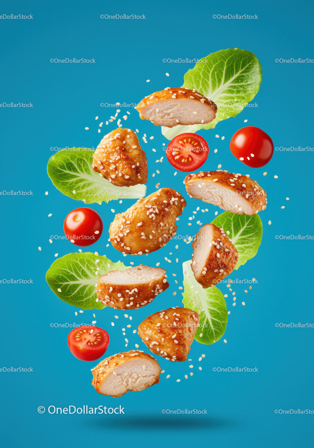 Crispy Sesame Chicken Bites with Fresh Salad Leaves