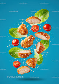 Crispy Sesame Chicken Bites with Fresh Salad Leaves