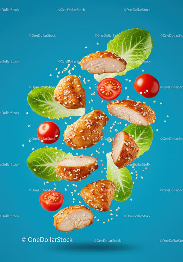 Crispy Sesame Chicken Bites with Fresh Salad Leaves