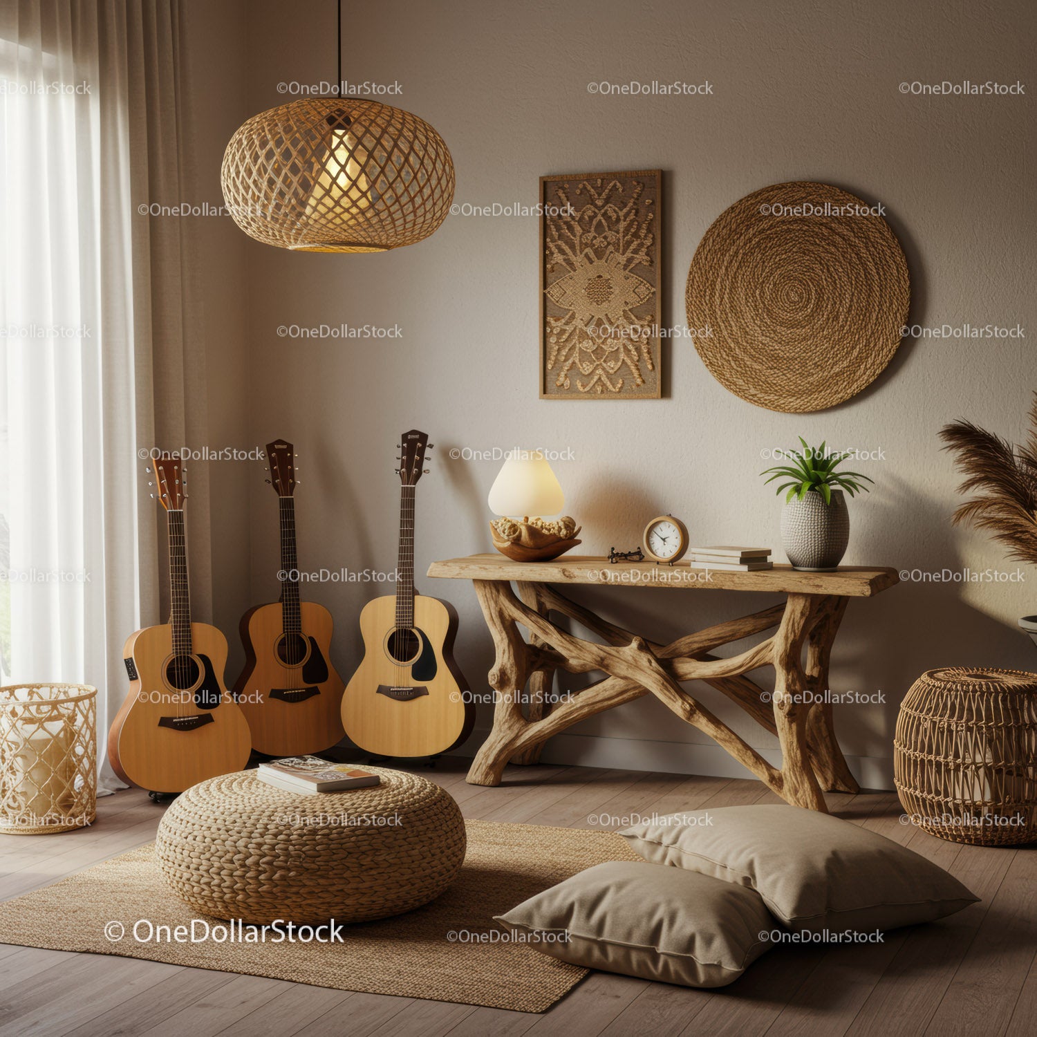 Cozy bohemian living space with acoustic guitars and natural decor