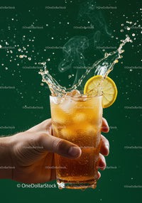 Hand Holding Iced Lemon Tea With Splash Effect