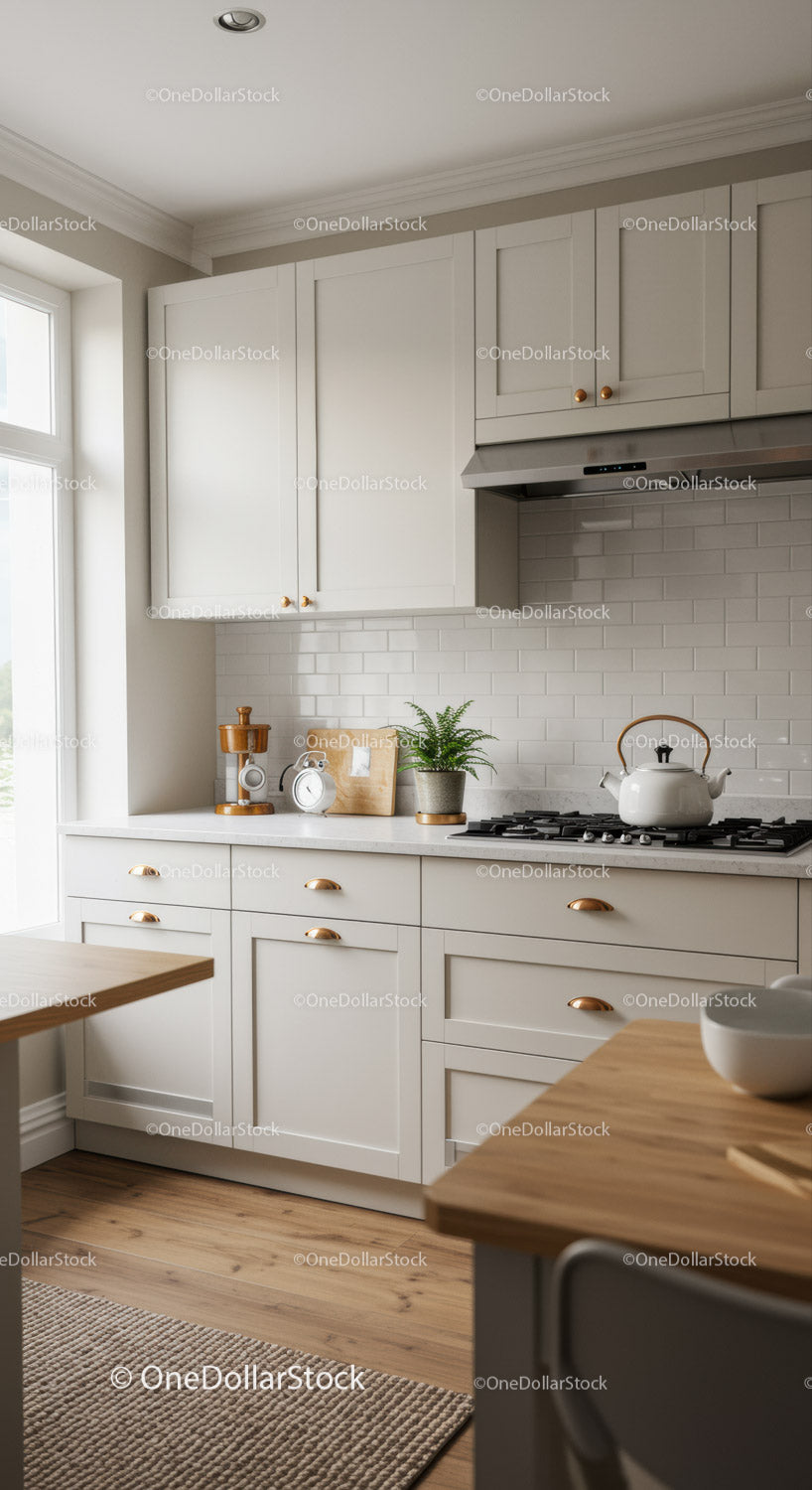 White Kitchen with Wooden Countertop and Minimalist Decor