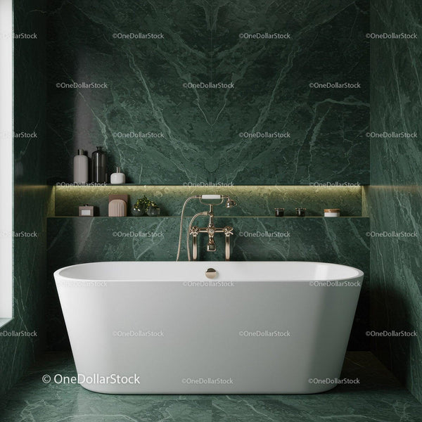 Elegant Green Marble Bathroom with Freestanding White Bathtub